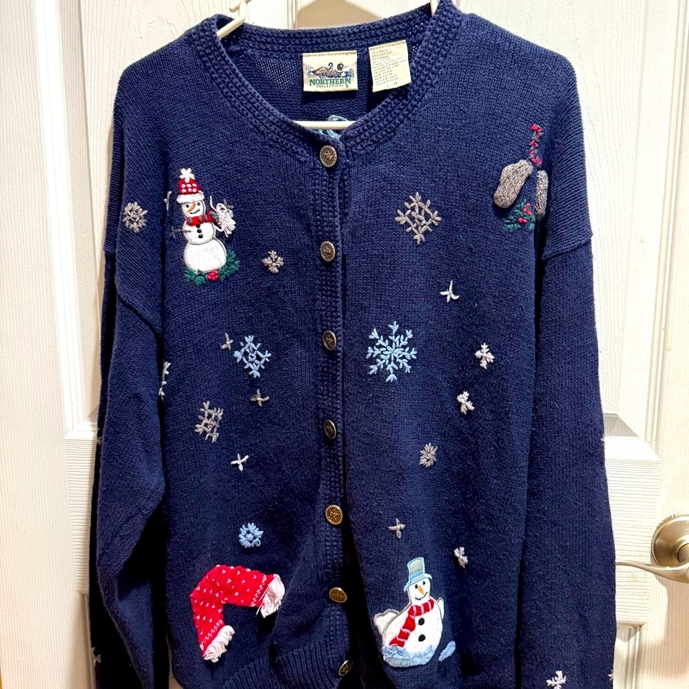 Women’s size large vintage Northern Reflections blue snowman ramie knit sweater